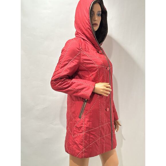 Leega Jacket Coat Red Embroiders Mink And Rabbit Fur Linen Medium Hooded - Picture 3 of 16
